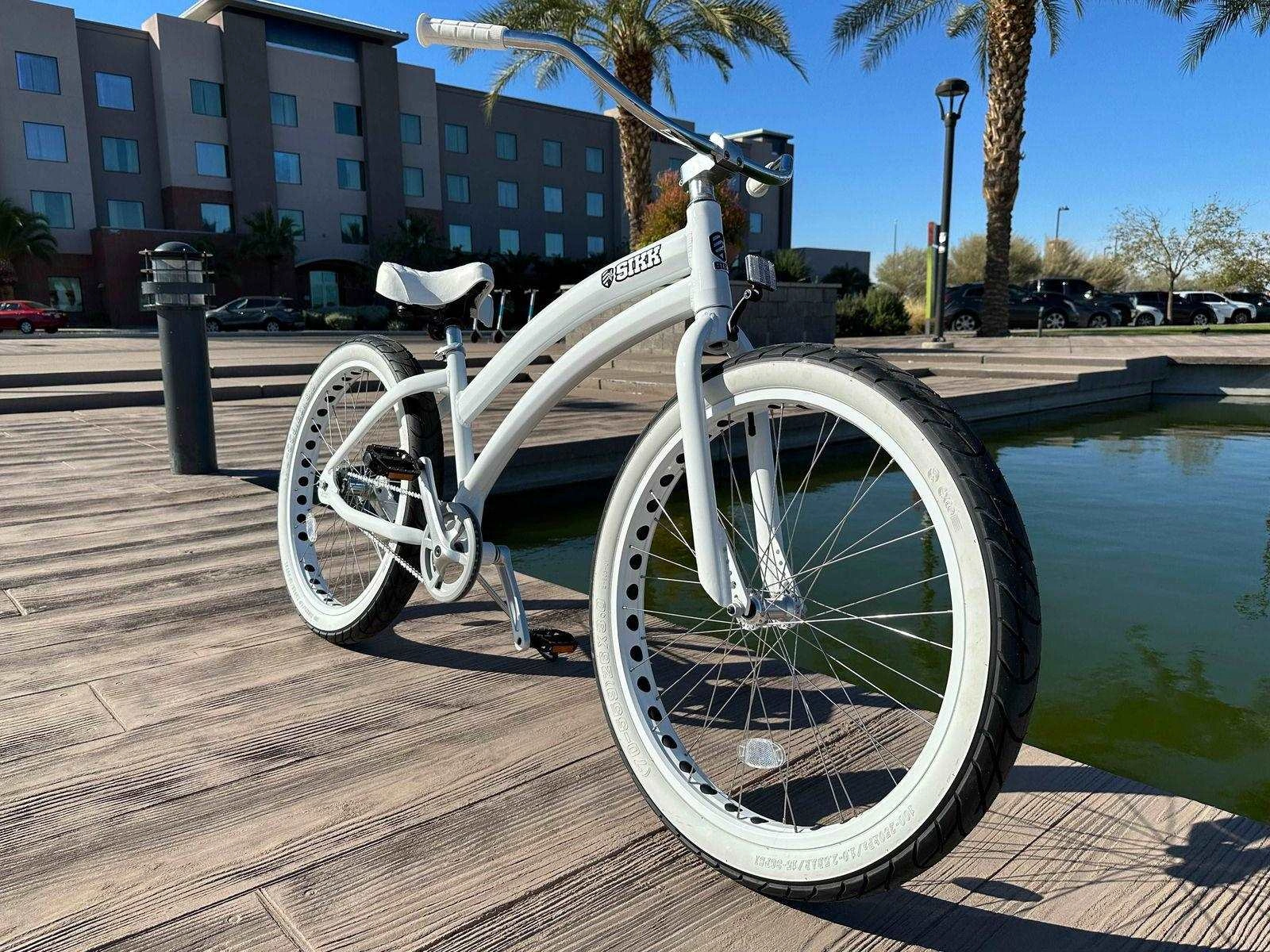 Sleek White Single-Speed Cruiser: Ride Wide, Shine Bright, Own the Streets!